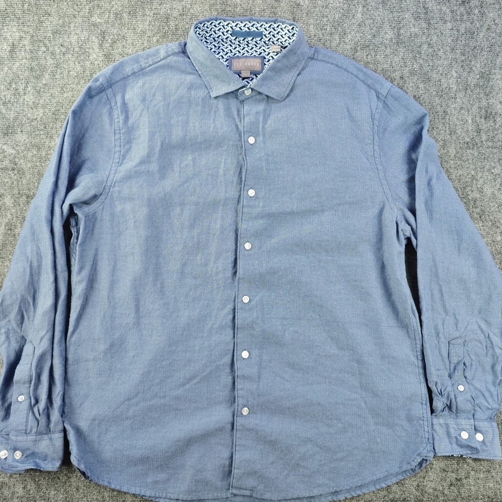 Ted Baker Shirt Mens XL‎ Blue Herringbone Long Sleeve Button Up Cotton